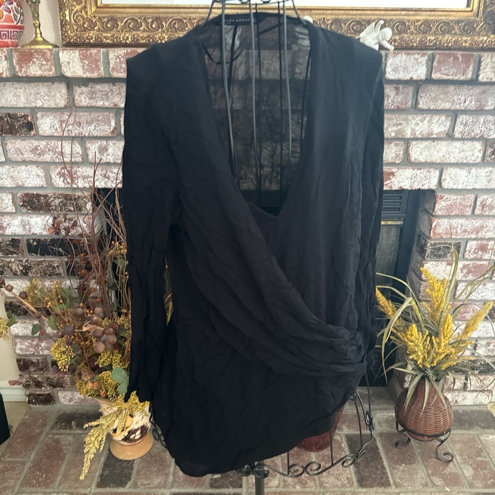 Zara Black Draped Deep V-neck Asymmetrical Long Sleeve Blouse